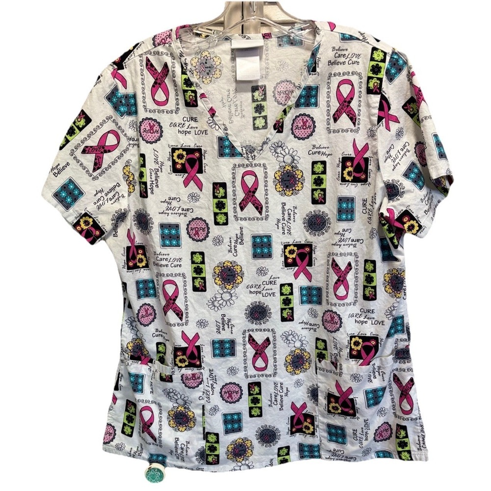 Scrubstar Scrub Top Size M V‎ Neck Pockets Breast Cancer Print Medical Nurse